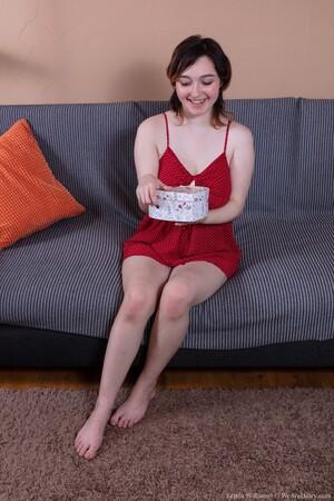 #WeAreHairy Krista Williams Red Dress Grey Sofa